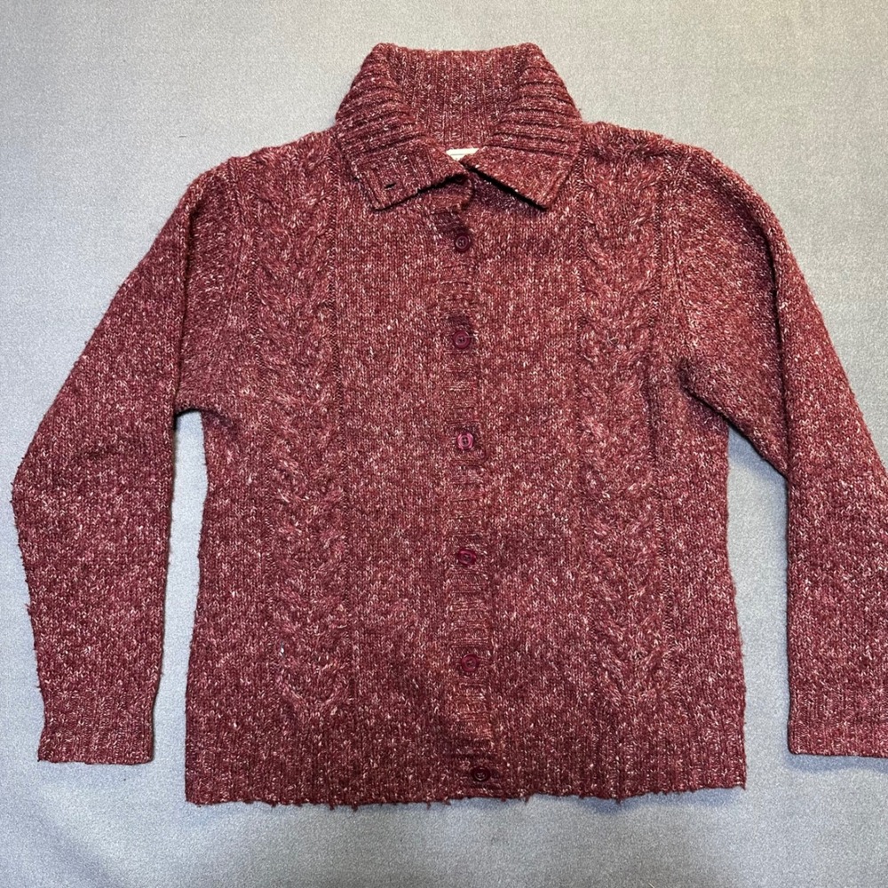 LL Bean Cardigan Sweater Womens XL Burgundy Marl Wool Blend Cable Knit Button Up